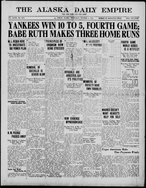 The front page of The Alaska daily empire, Juneau, Alaska, 6 October 1926