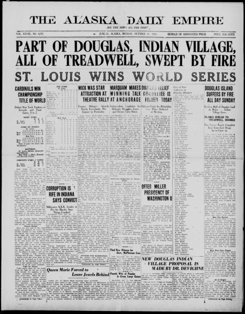 The front page of The Alaska daily empire, Juneau, Alaska, October 11, 1926