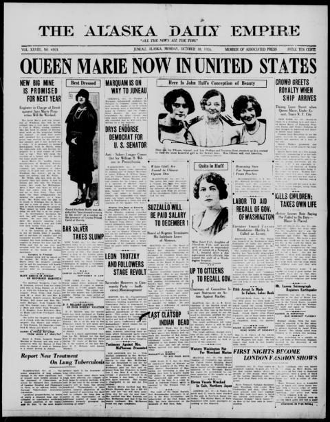 The front page of The Alaska daily empire, Juneau, Alaska, October 18, 1926