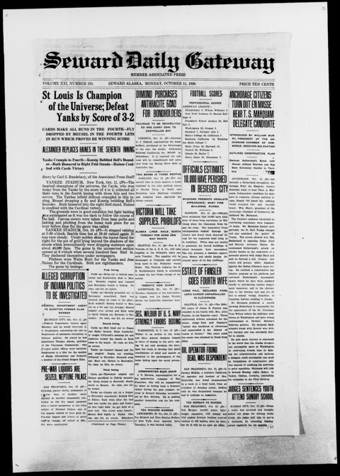 The front page of Seward daily gateway, Seward, Alaska, October 11, 1926