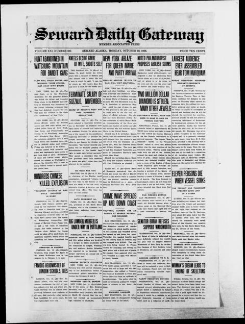 The front page of Seward daily gateway, Seward, Alaska, October 18, 1926