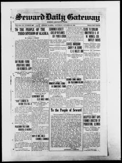 The front page of Seward daily gateway, Seward, Alaska, October 30, 1926