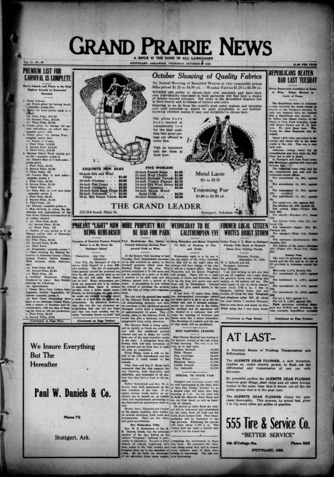 The front page of Grand prairie news, Stuttgart, Ark., October 7, 1926