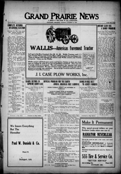 The front page of Grand prairie news, Stuttgart, Ark., October 14, 1926