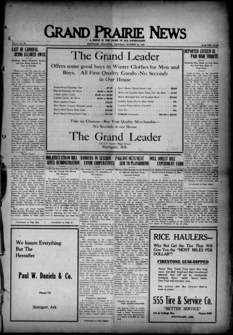The front page of Grand prairie news, Stuttgart, Ark., October 28, 1926