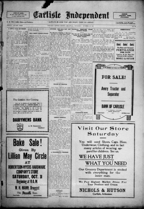 The front page of The Carlisle independent, Carlisle, Ark., October 28, 1926