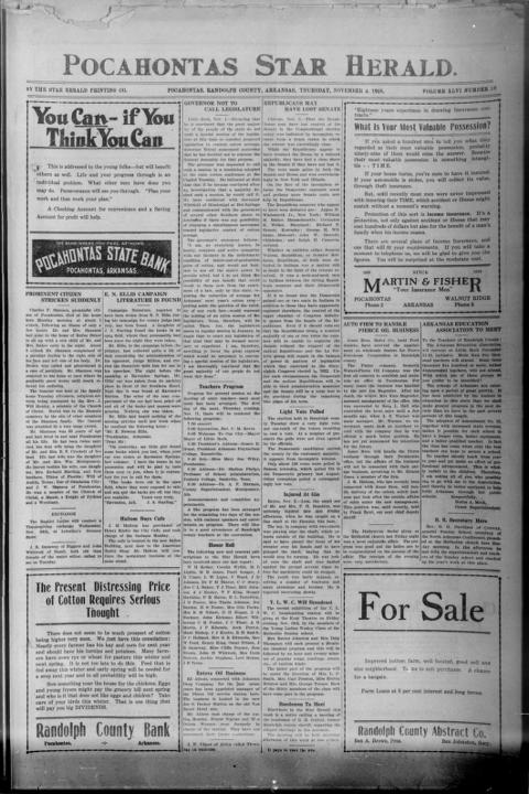 The front page of Pocahontas star herald, Pocahontas, Randolph County, Ark.;Pocahontas, AR, November 4, 1926