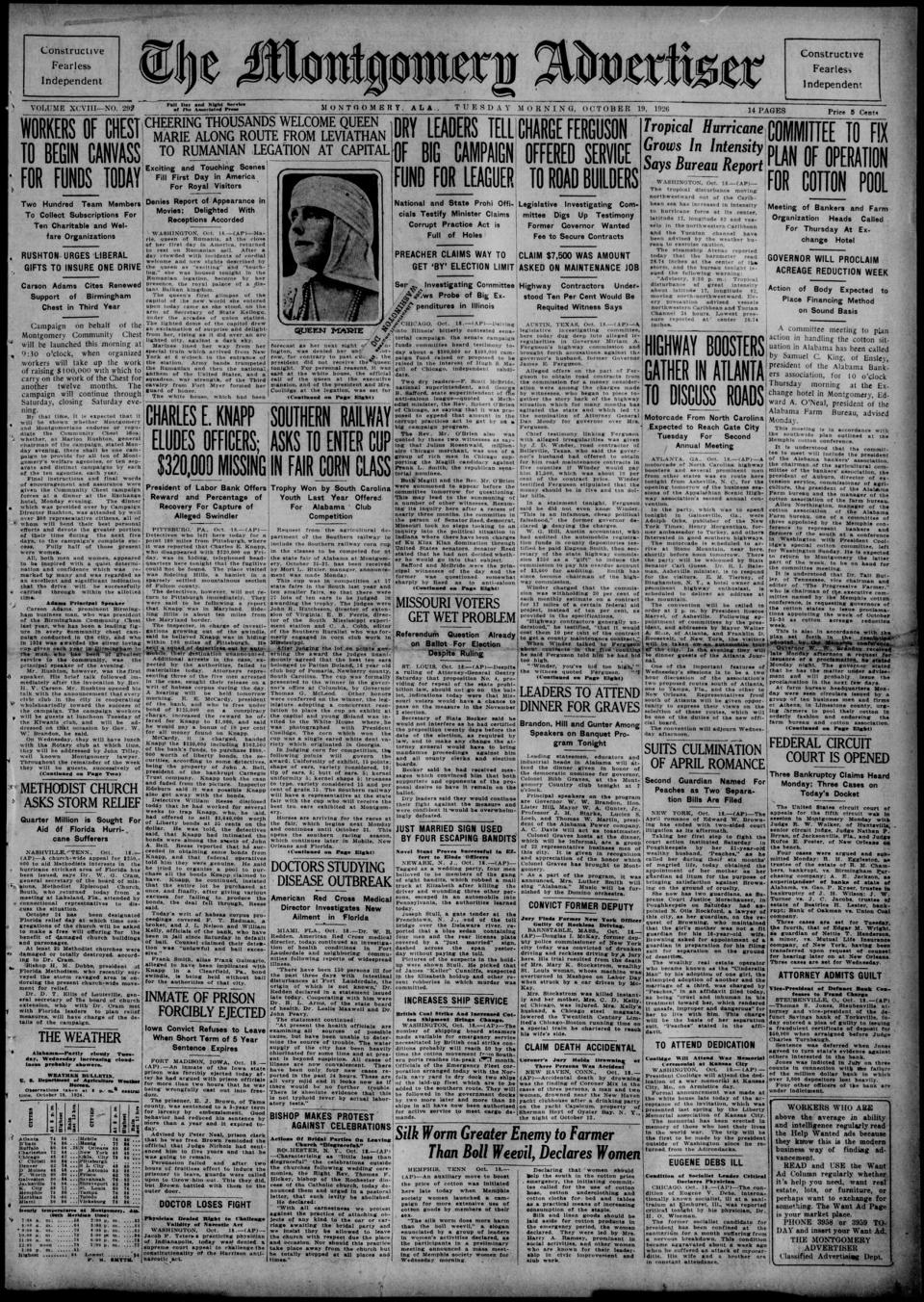 The front page of The Montgomery advertiser, Montgomery, Ala., October 19, 1926
