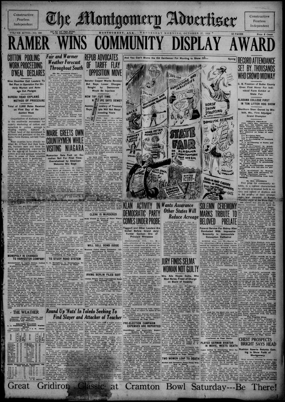The front page of The Montgomery advertiser, Montgomery, Ala., October 27, 1926