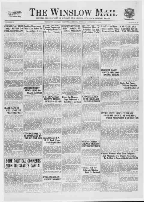 The front page of The Winslow mail, Winslow, Ariz., October 15, 1926