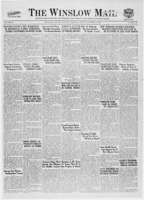 The front page of The Winslow mail, Winslow, Ariz., October 22, 1926