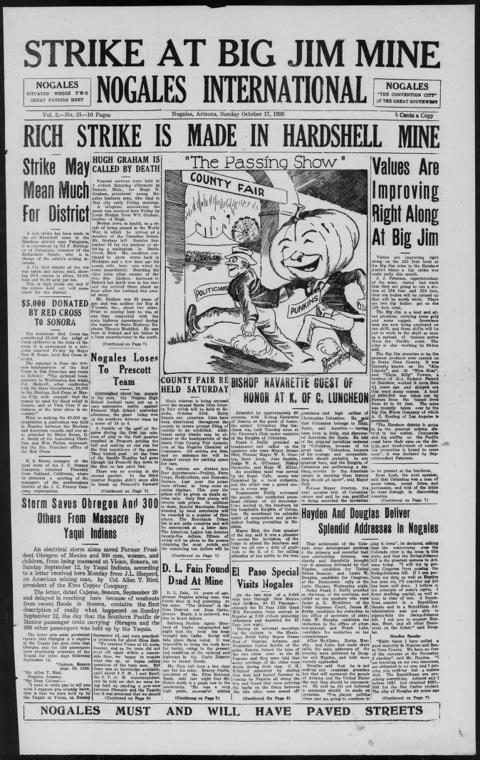 The front page of Nogales international, Nogales, Ariz., October 17, 1926
