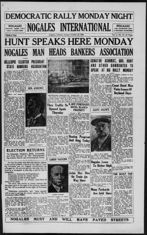 The front page of Nogales international, Nogales, Ariz., October 24, 1926