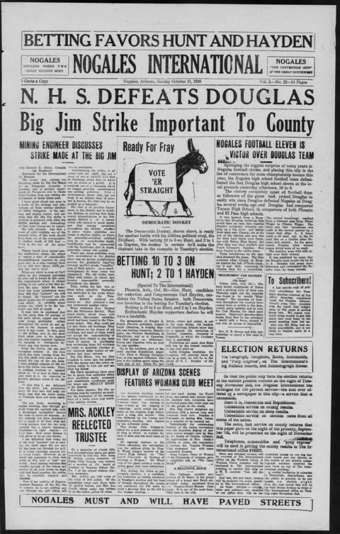 The front page of Nogales international, Nogales, Ariz., October 31, 1926