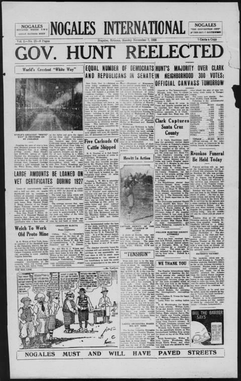 The front page of Nogales international, Nogales, Ariz., November 7, 1926