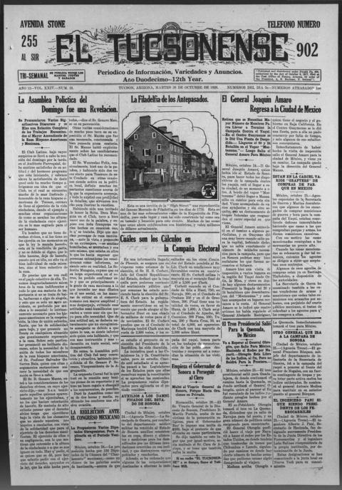 The front page of El Tucsonense, Tucson, Ariz., October 26, 1926