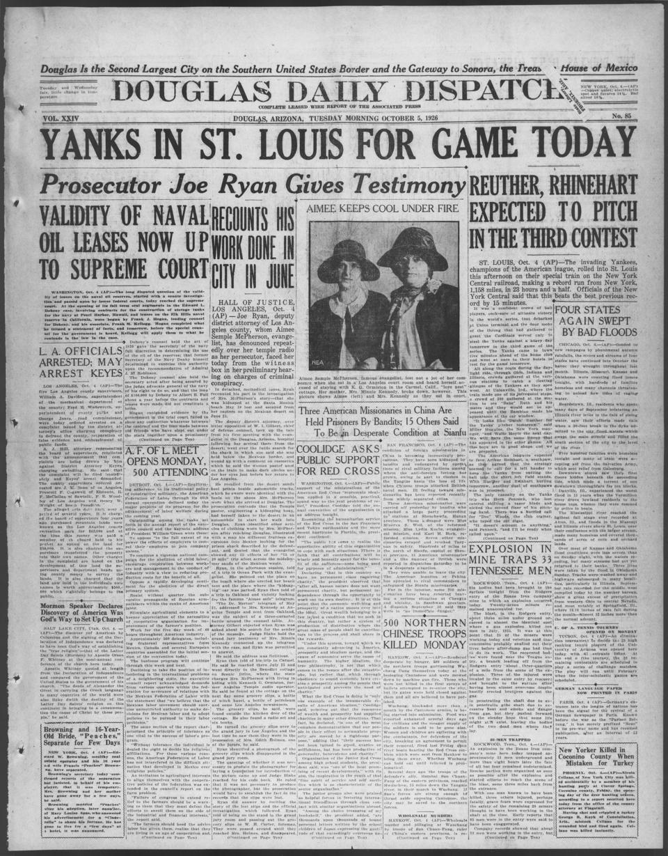 The front page of Douglas daily dispatch, Douglas, Ariz., October 5, 1926