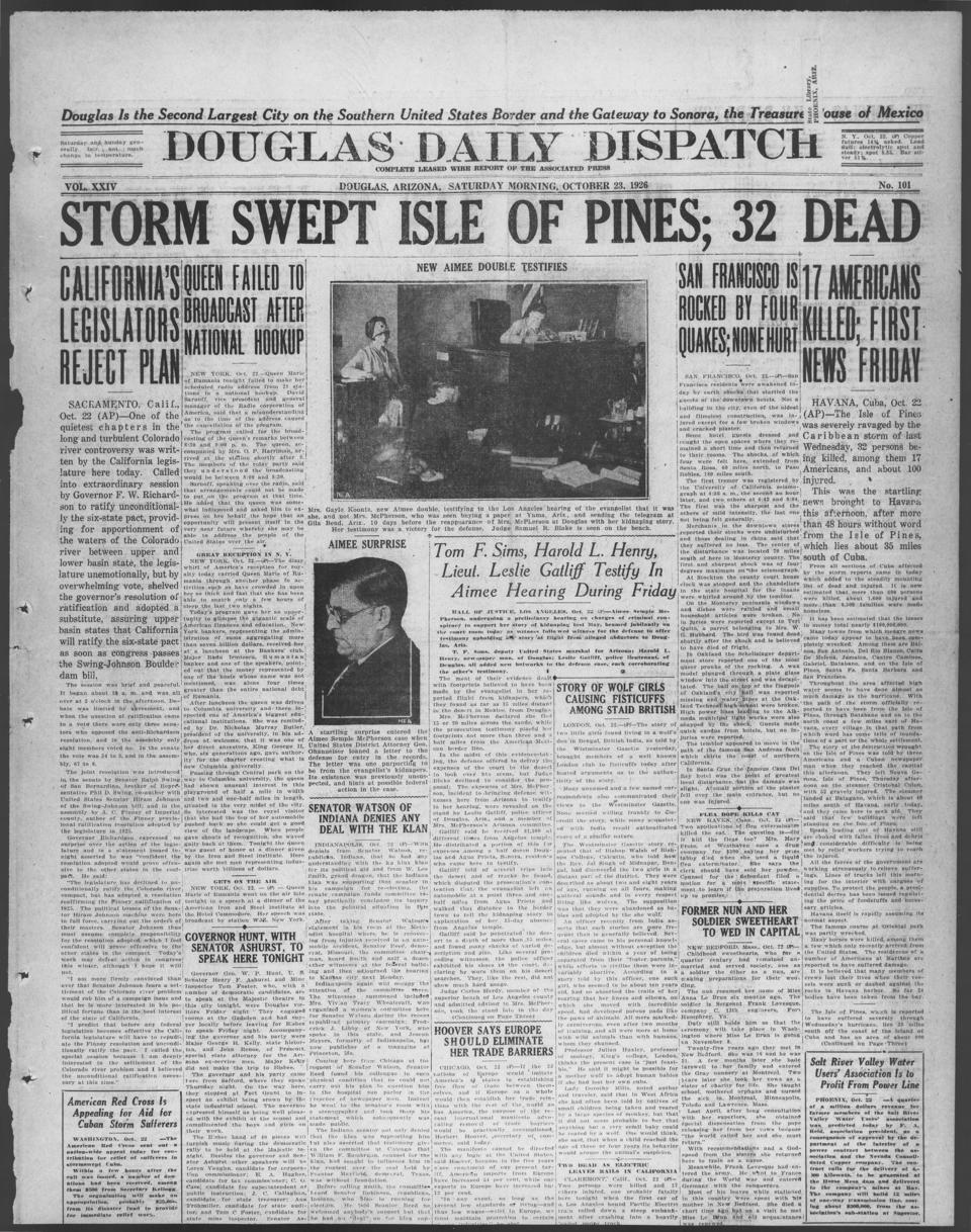 The front page of Douglas daily dispatch, Douglas, Ariz., October 23, 1926