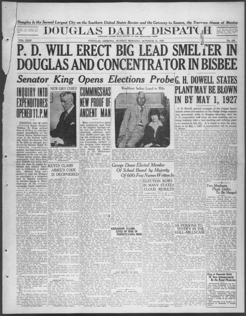The front page of Douglas daily dispatch, Douglas, Ariz., October 31, 1926