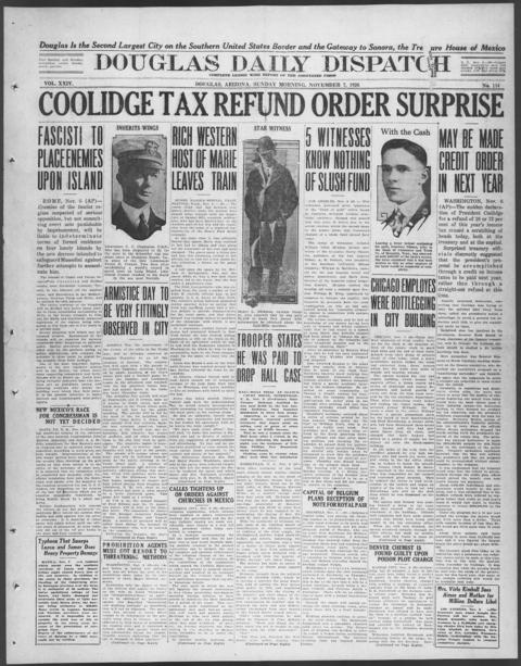 The front page of Douglas daily dispatch, Douglas, Ariz., November 7, 1926