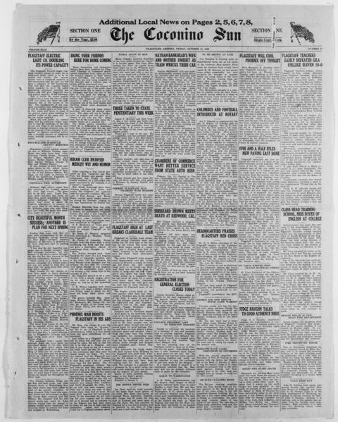 The front page of The Coconino sun, Flagstaff, Ariz., October 15, 1926