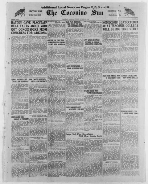 The front page of The Coconino sun, Flagstaff, Ariz., October 22, 1926