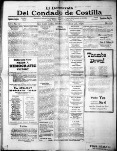 The front page of El democrata del condado de Costilla, San Luis, Colo., October 23, 1926