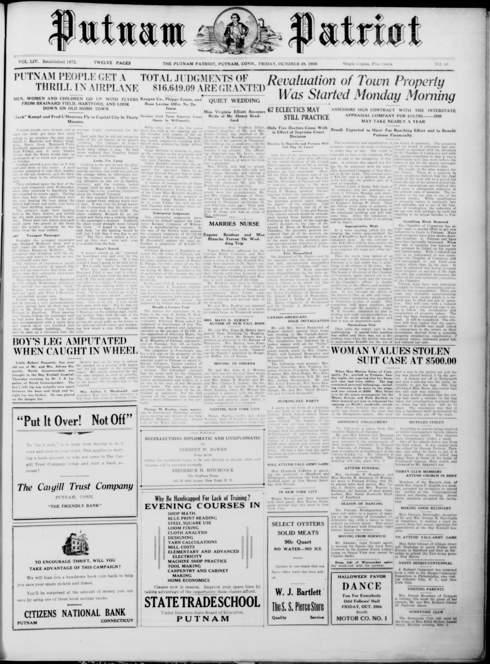The front page of Putnam patriot, Putnam, Conn., October 29, 1926