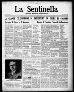 The front page of La sentinella = The sentinel, Bridgeport, Conn., October 16, 1926