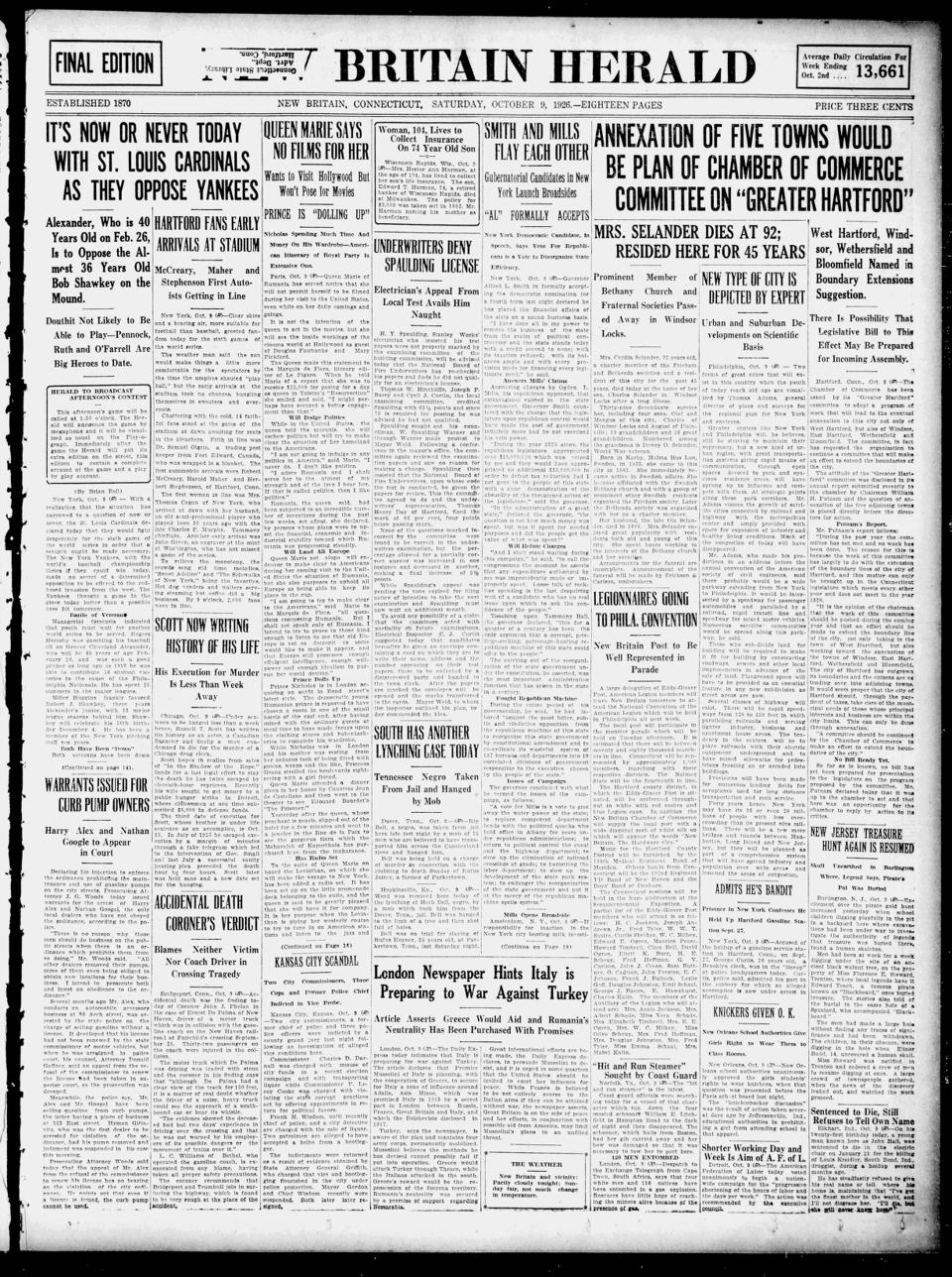 The front page of New Britain herald, New Britain, Conn., October 9, 1926