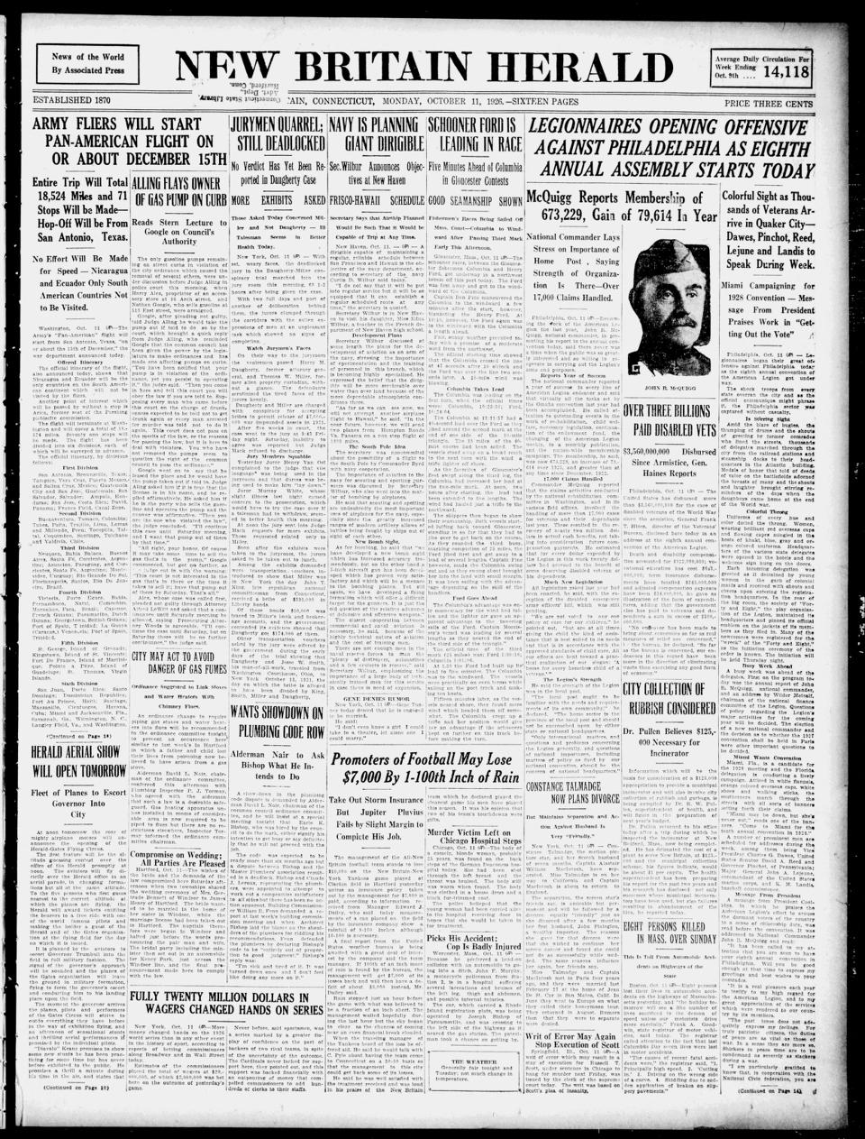 The front page of New Britain herald, New Britain, Conn., October 11, 1926