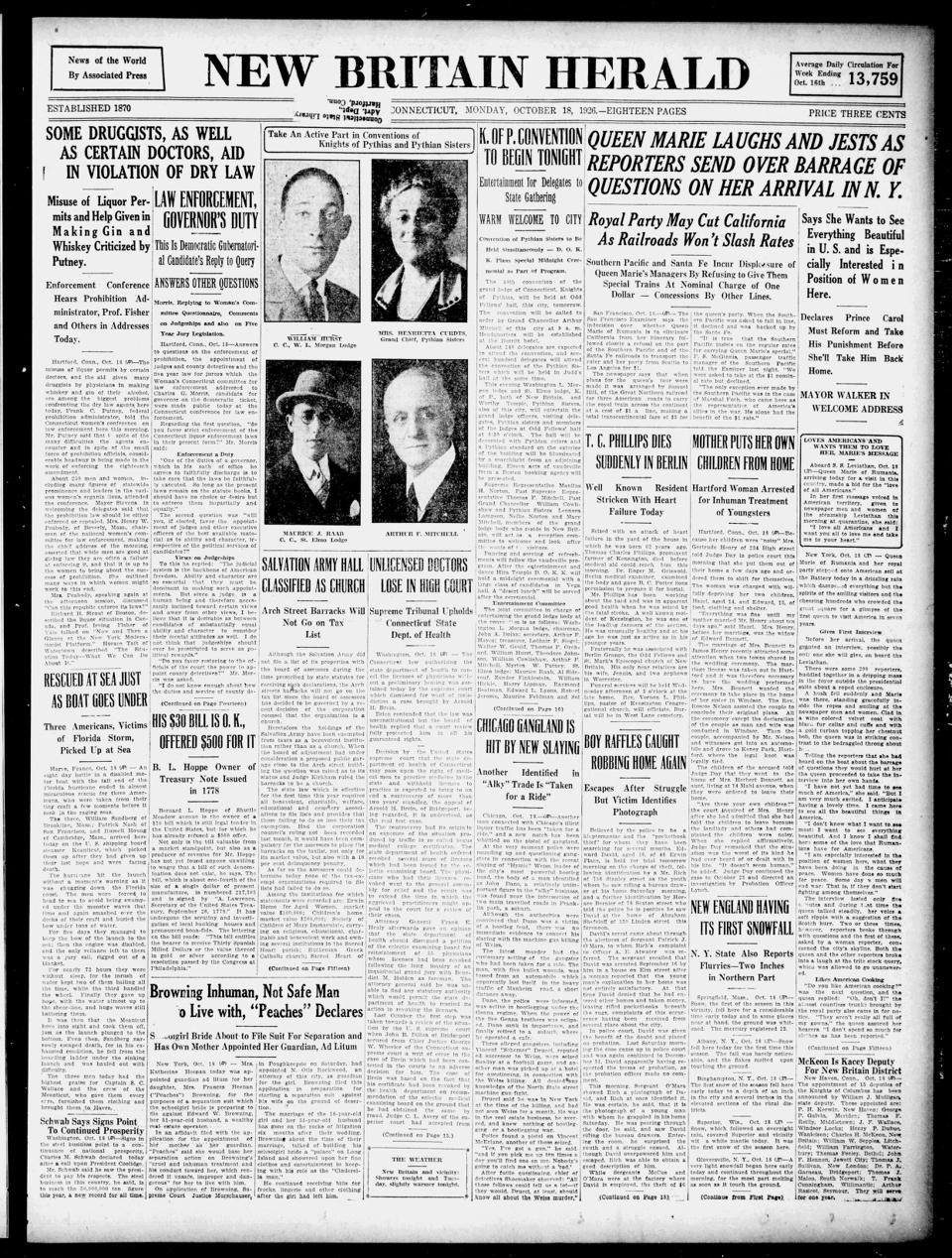 The front page of New Britain herald, New Britain, Conn., October 18, 1926