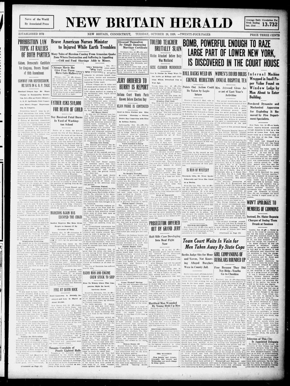 The front page of New Britain herald, New Britain, Conn., October 26, 1926