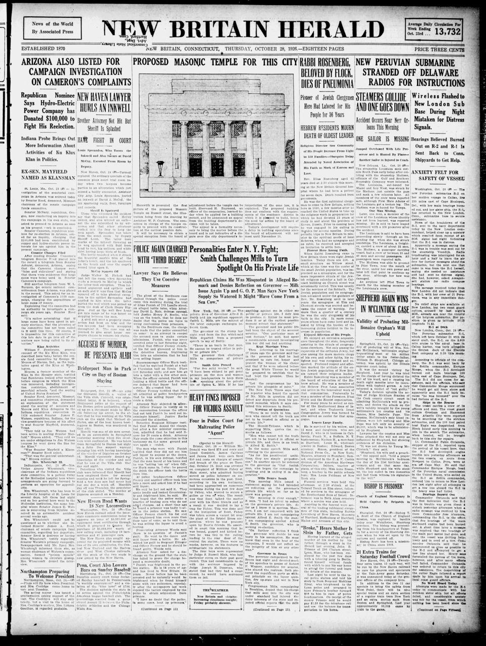The front page of New Britain herald, New Britain, Conn., October 28, 1926