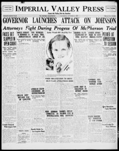 The front page of Imperial Valley press, El Centro, Calif., October 14, 1926