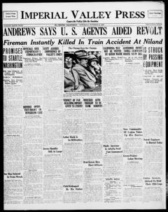 The front page of Imperial Valley press, El Centro, Calif., October 16, 1926
