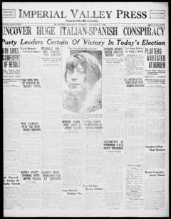 The front page of Imperial Valley press, El Centro, Calif., November 2, 1926