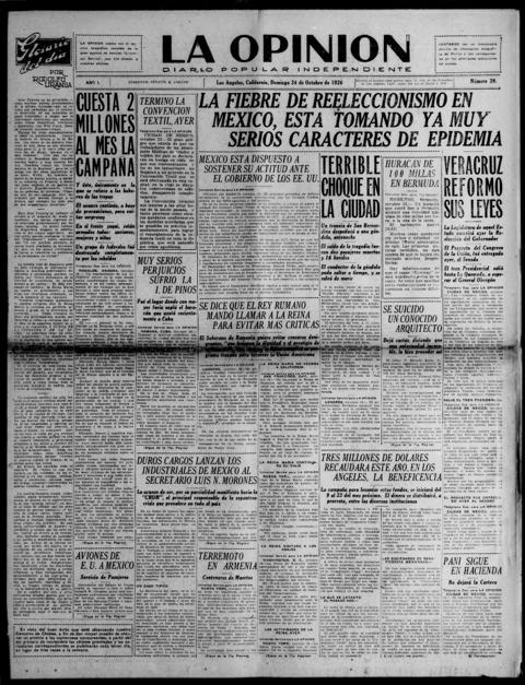 The front page of La opinión, Los Angeles, Calif., October 24, 1926