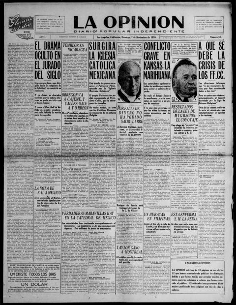 The front page of La opinión, Los Angeles, Calif., November 7, 1926