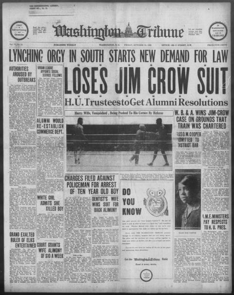 The front page of The Washington tribune, Washington, D.C., October 15, 1926