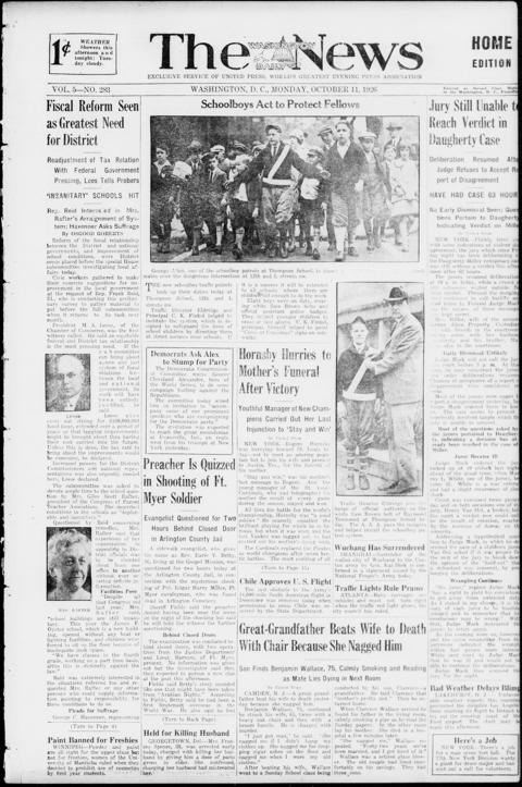 The front page of The Washington daily news, Washington, D.C., October 11, 1926