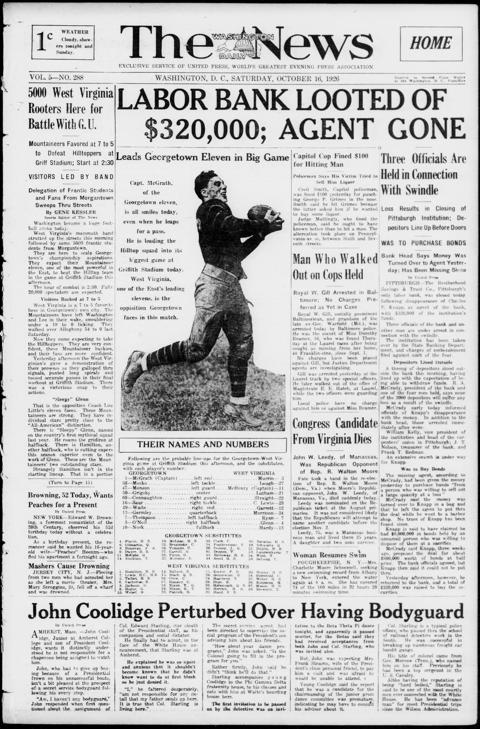 The front page of The Washington daily news, Washington, D.C., October 16, 1926