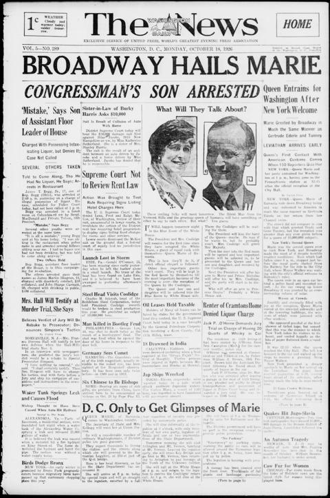 The front page of The Washington daily news, Washington, D.C., October 18, 1926