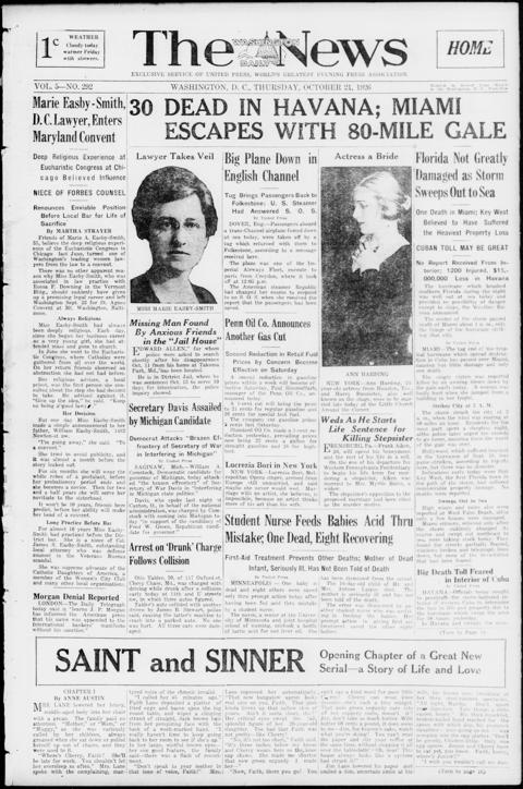 The front page of The Washington daily news, Washington, D.C., October 21, 1926