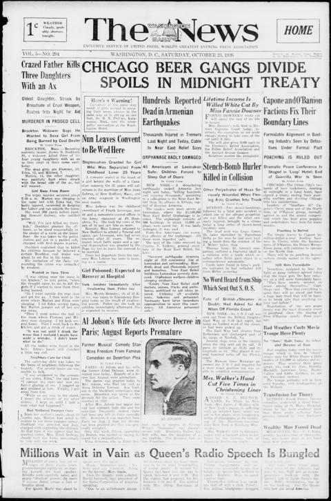 The front page of The Washington daily news, Washington, D.C., October 23, 1926