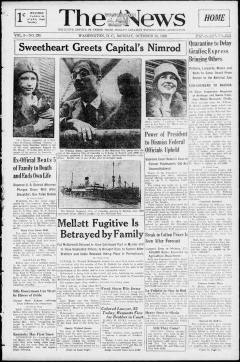The front page of The Washington daily news, Washington, D.C., October 25, 1926