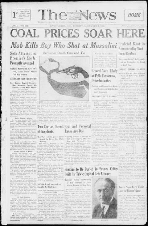 The front page of The Washington daily news, Washington, D.C., November 1, 1926