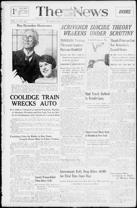 The front page of The Washington daily news, Washington, D.C., November 2, 1926