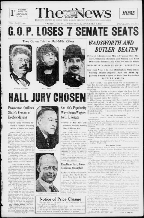 The front page of The Washington daily news, Washington, D.C., November 3, 1926