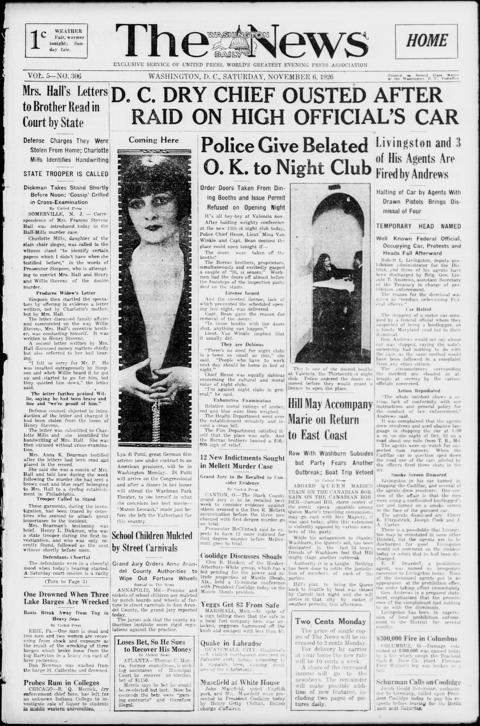 The front page of The Washington daily news, Washington, D.C., November 6, 1926